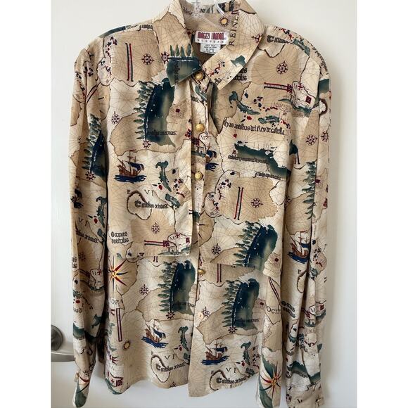 Vintage Maggy London Sz.8 Blouse 100%Silk Safari Travel Academia Maps - Picture 1 of 5